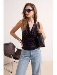 Plum Degaje Collar Sequined Party Blouse - 5