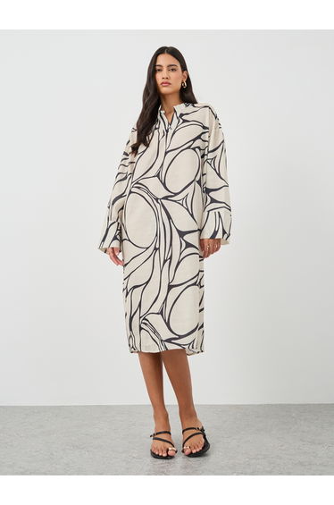 Print Long Sleeves Kaftan Knee-Length Dress