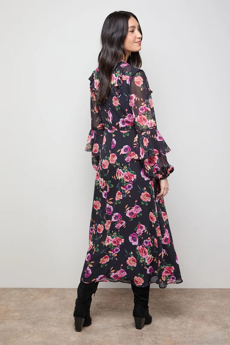 Printed Trim Detail Frill Shoulder Midi Tea Dress - 2