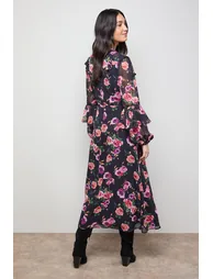 Printed Trim Detail Frill Shoulder Midi Tea Dress - 2