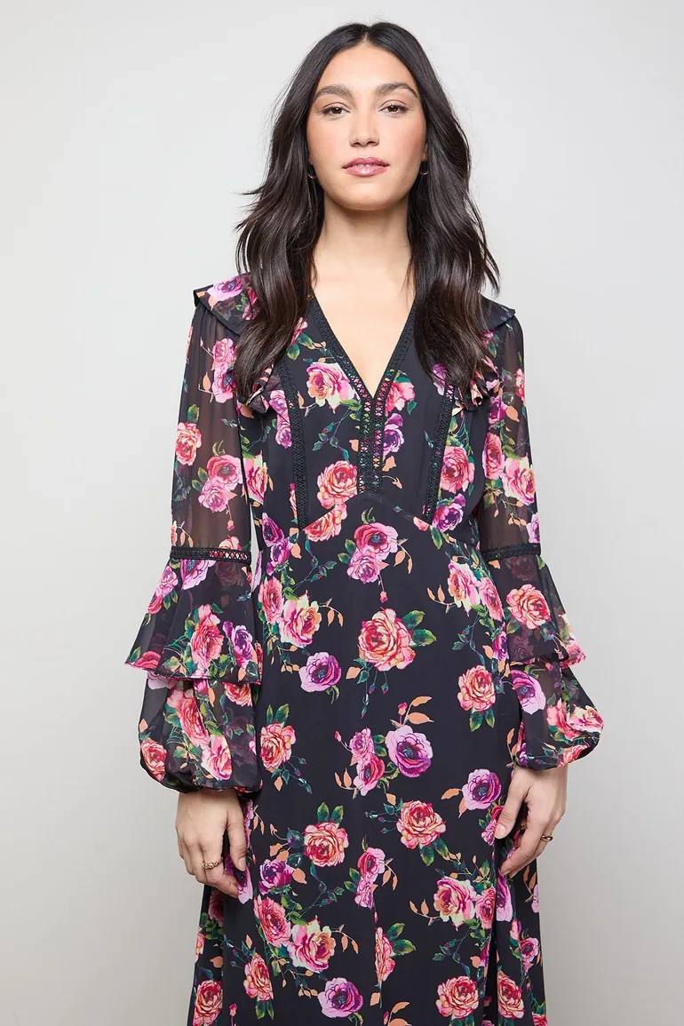 Printed Trim Detail Frill Shoulder Midi Tea Dress - 1