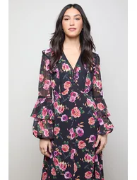 Printed Trim Detail Frill Shoulder Midi Tea Dress - 1