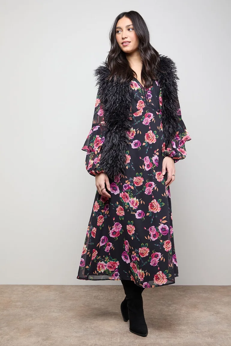 Printed Trim Detail Frill Shoulder Midi Tea Dress