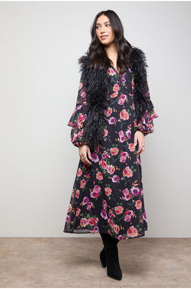 Printed Trim Detail Frill Shoulder Midi Tea Dress