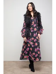 Printed Trim Detail Frill Shoulder Midi Tea Dress