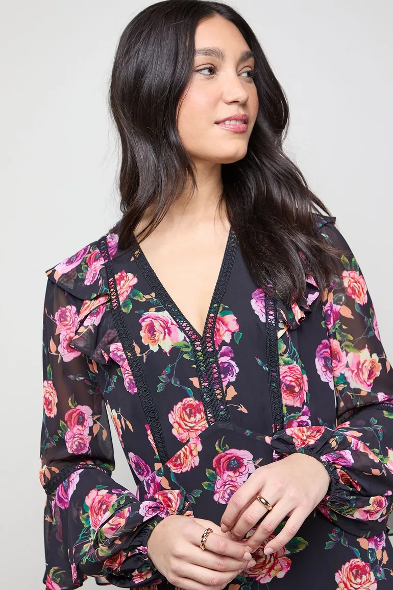 Printed Trim Detail Frill Shoulder Midi Tea Dress - 3