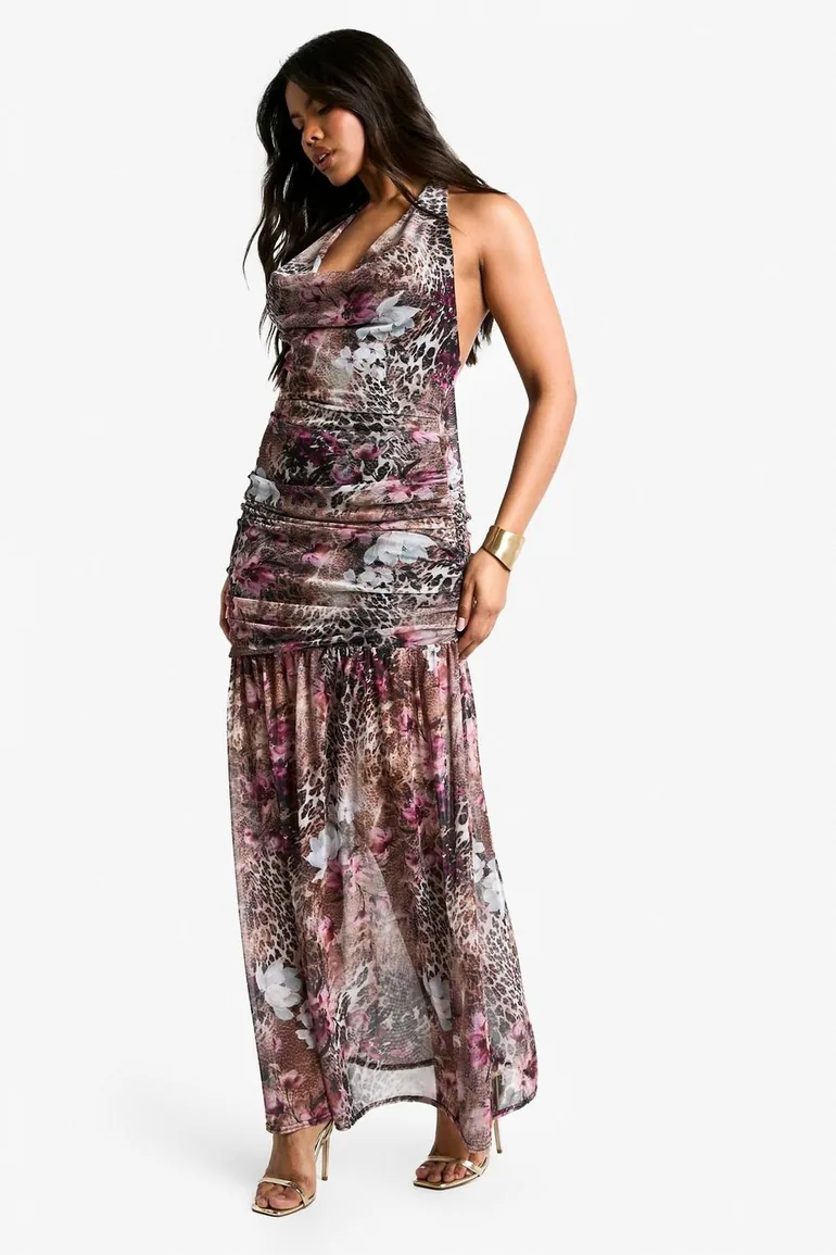 chinese dress ladies Ruched Mesh Midi Dress