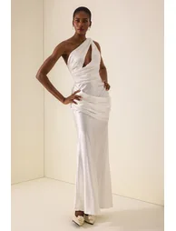 One Shoulder Cut-Out Pleated Maxi Dress - 4