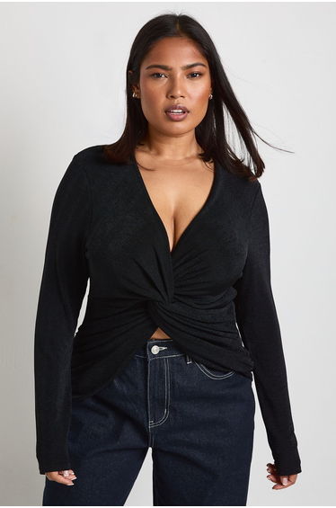 Plus Knot Detail Long Sleeve Top - black