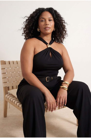 Black Accessory Detailed Gathered Knitted Plus Size Blouse