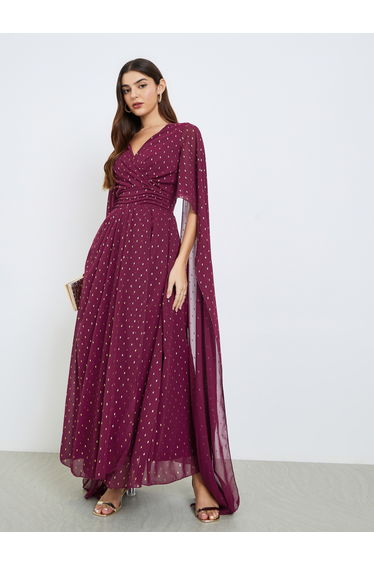Women Burgundy Foil Print Cape Sleeve Maxi Dress