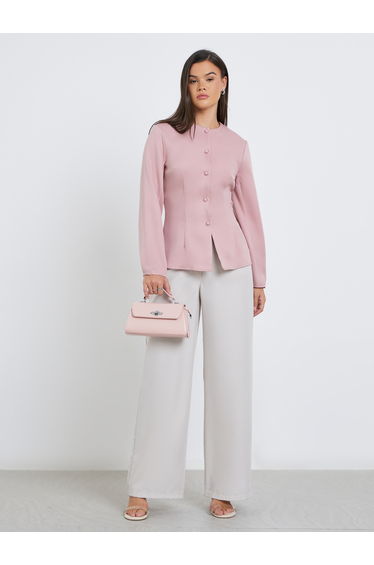 Solid Round Neck Buttoned Blouse