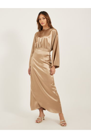 Plain Long Sleeves Wrap Look A-Line Maxi Dress