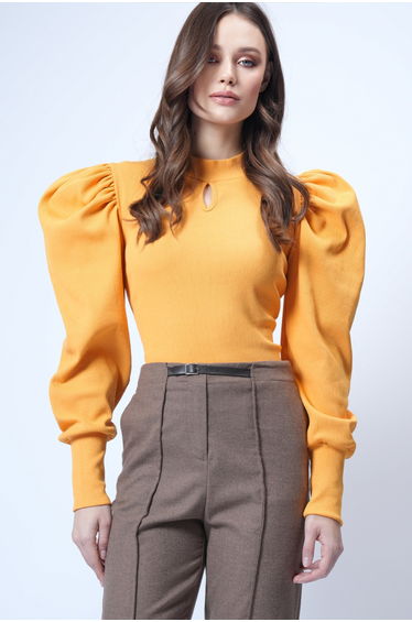 Women's Mustard Yellow Crew Neck Drop Shoulder Princess Sleeve Knitwear Blouse