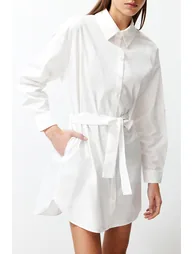 White Belted 100% Cotton Mini Woven Shirt Dress - 3