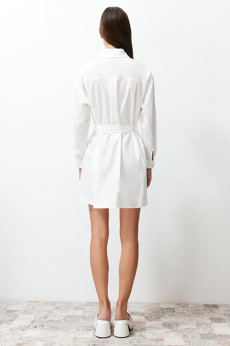 White Belted 100% Cotton Mini Woven Shirt Dress - 5
