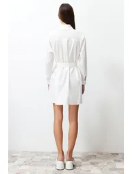 White Belted 100% Cotton Mini Woven Shirt Dress - 5