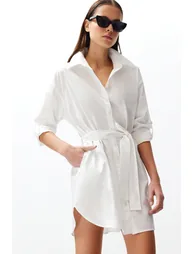 White Belted 100% Cotton Mini Woven Shirt Dress - 1