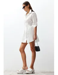 White Belted 100% Cotton Mini Woven Shirt Dress - 2