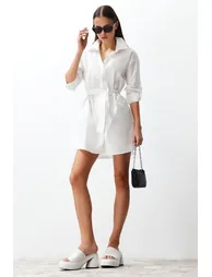 White Belted 100% Cotton Mini Woven Shirt Dress
