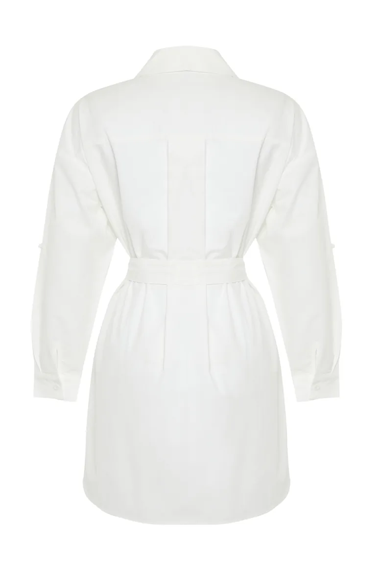 White Belted 100% Cotton Mini Woven Shirt Dress - 7