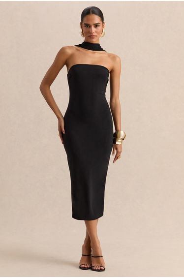 Amariah | Black Bandeau Midi Dress With Scarf-Detail