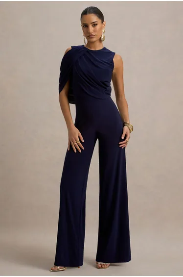 Opulence | Navy Jumpsuit With Cape Sleeve and Draped Details