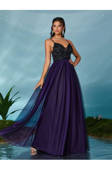 Elegant Spaghetti Straps 3D Floral Color Block Mesh Dress