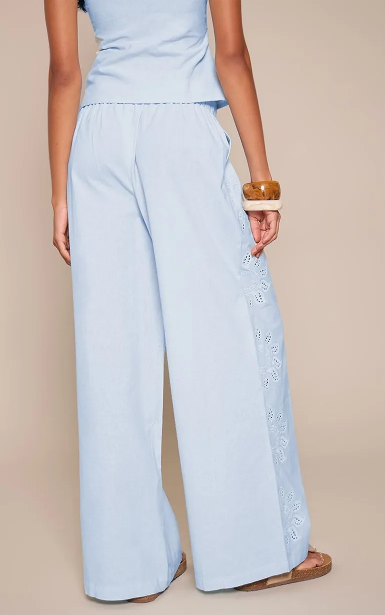 Blue Cotton Sun Embroidered Detail Trousers - 2