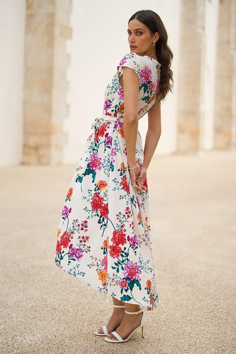 Yumi Ivory Flower Print Wrap Midi Dress - 2