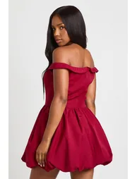 Sweetheart Neck Foldover Puff Ball Mini Dress - burgundy - 2