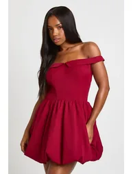 Sweetheart Neck Foldover Puff Ball Mini Dress - burgundy - 1