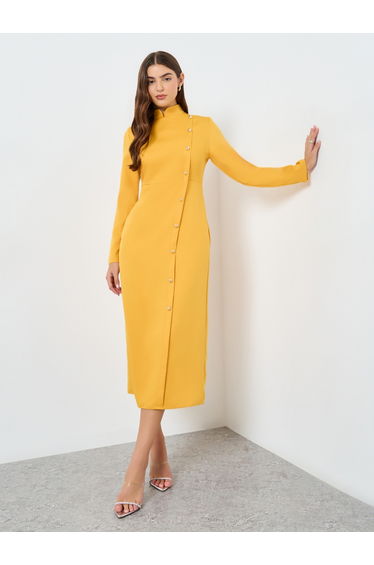 Solid Stand-Up Collar Button Detail Midi Dress