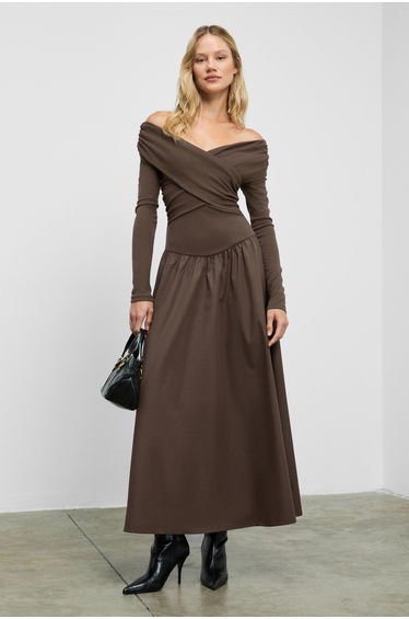 GRIMELANGE FRUENDO Women's Asymmetric Collar Top Stretch Fabric Poplin Long Brown Dress