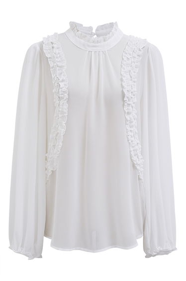 Ruffle Adorned Bubble Sleeves Chiffon Top in White