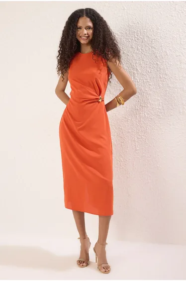 Orange Solid Body-Hugging Midi Woven Dress