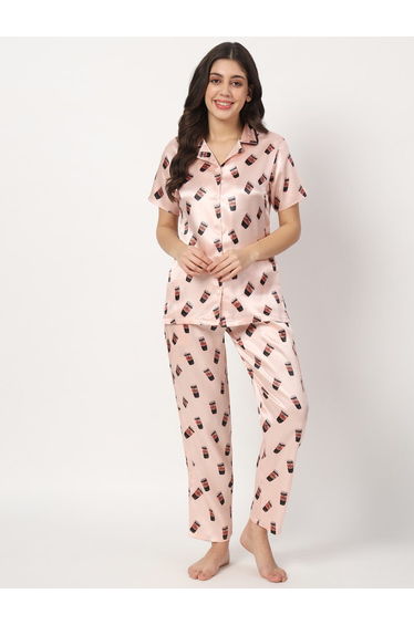 Coffee Mug Print Satin Shirt and Pyjama Set