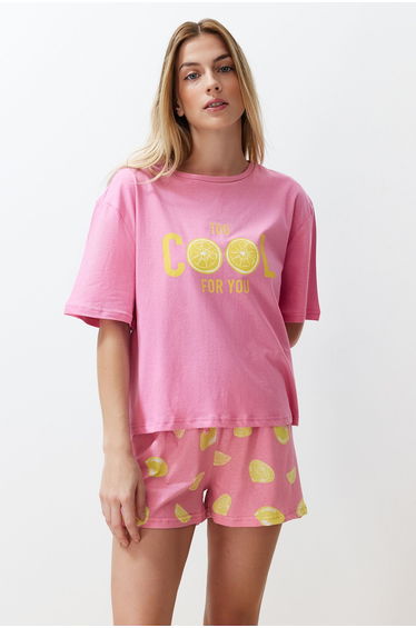 Pink 100% Cotton Printed Knitted Pajamas Set
