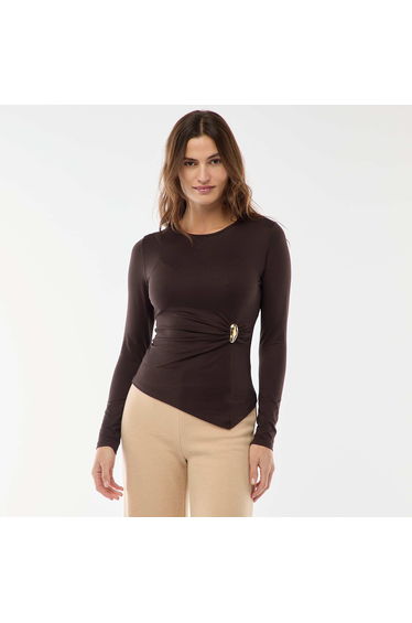 Long-Sleeve T-Shirt with Twisted-Effect Gold Embellishment BROWN