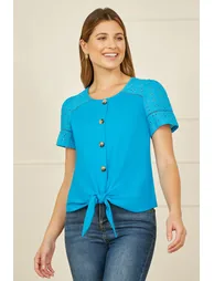 Yumi Blue Jersey Button Detail T-Shirt With Broderie Anglaise Sleeves And Tie Front - 3