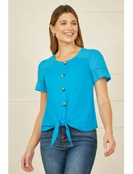 Yumi Blue Jersey Button Detail T-Shirt With Broderie Anglaise Sleeves And Tie Front - 7