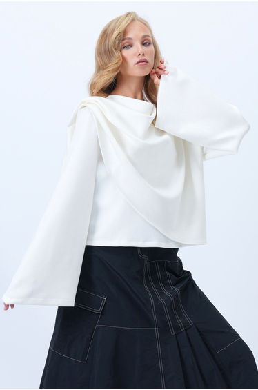 Women's Ecru Crew Neck Self-Shawl Detailed Wide Cut Design Blouse