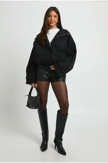 Funnel Neck Belt Detail Bomber Jacket - black