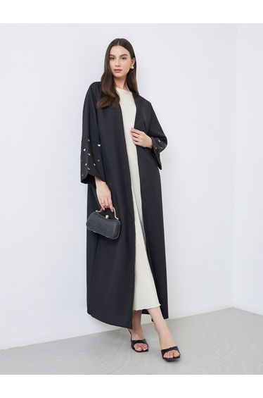 Black Open Front Embroidered Sleeve Abaya