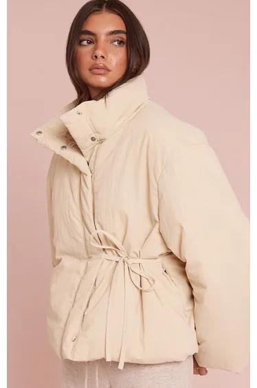 Cream High Neck Tie Waist Quilted Puffer Jacket