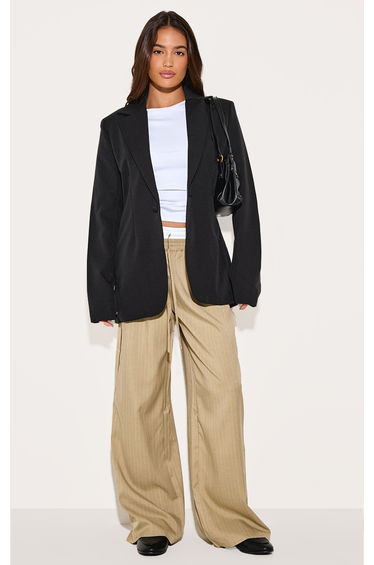 Olive Pinstripe Print Button Front Wide Leg Trousers