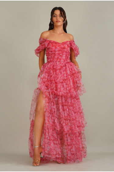 Sydney Tulle Maxi Dress in Red Print