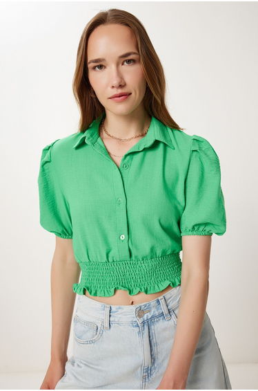 Women Dark Green Balloon Sleeve Linen Crop Shirt Blouse