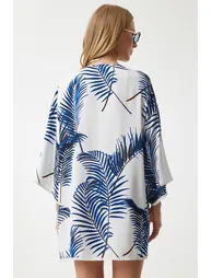 Women's Blue Patterned Guipure Detail Viscose Kimono - 6