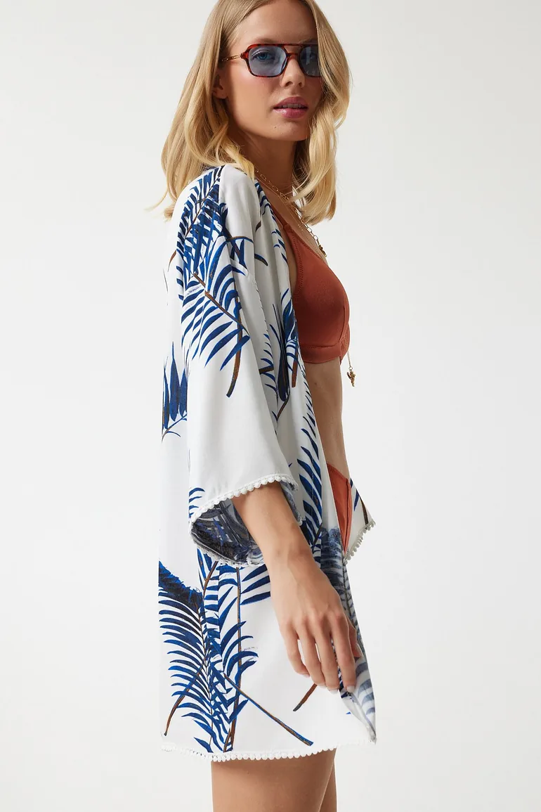 Women's Blue Patterned Guipure Detail Viscose Kimono - 4
